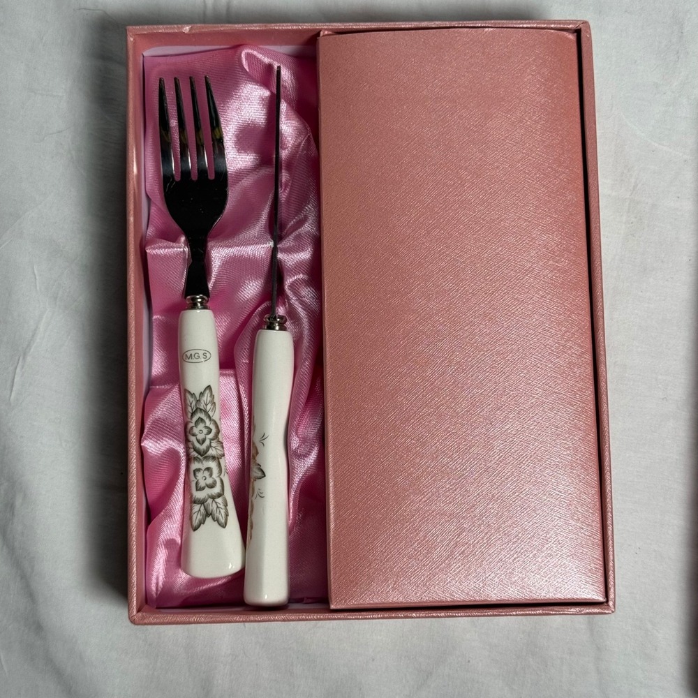 MGS Germany 12pc Fruit Fork Knife Set OS White Pink Porcelain Floral Formal